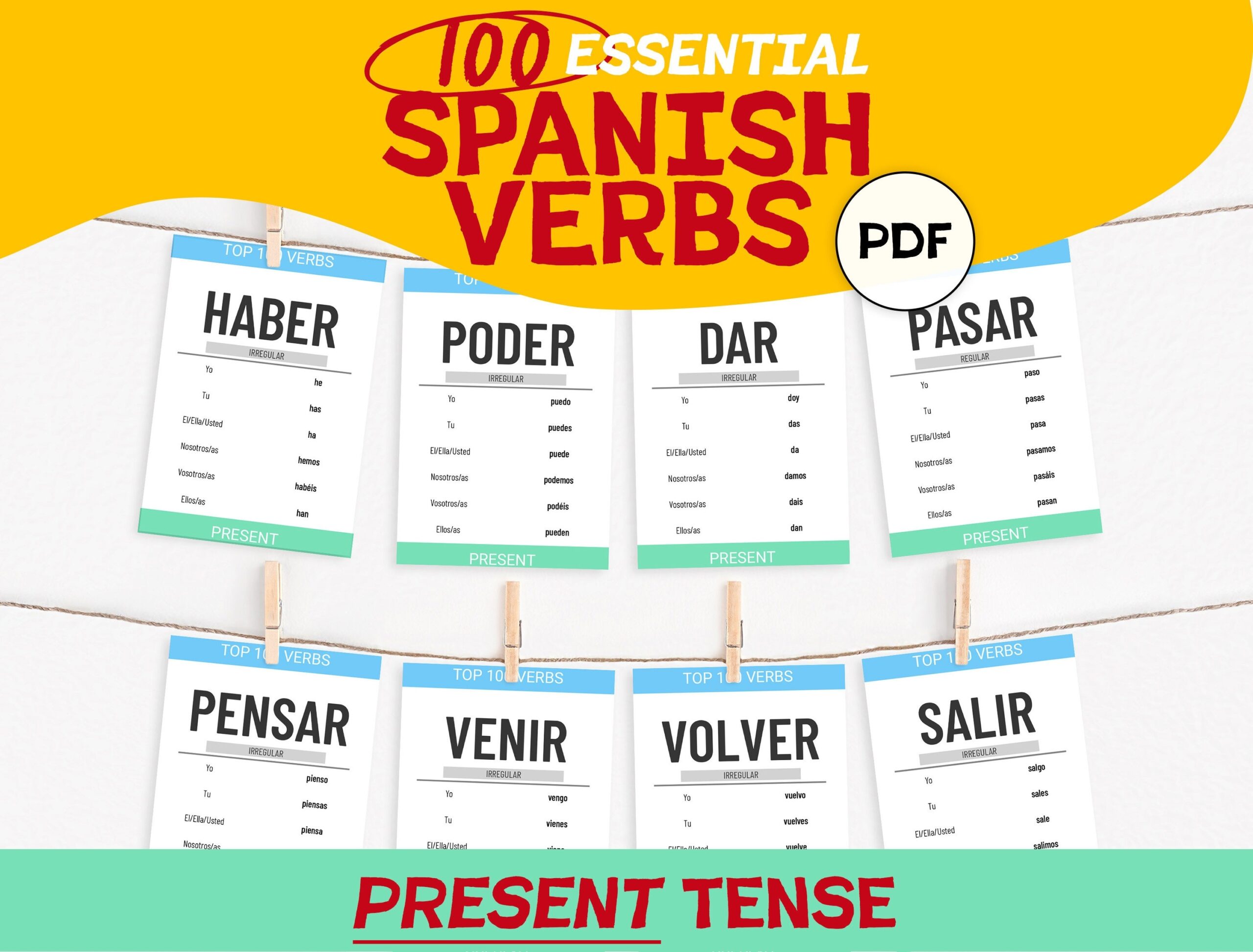 100 Essential Spanish Verb Flashcards Spanish Vocabulary Present Printable Flashcard Conjugation Language Learning Classroom Flash Card Etsy