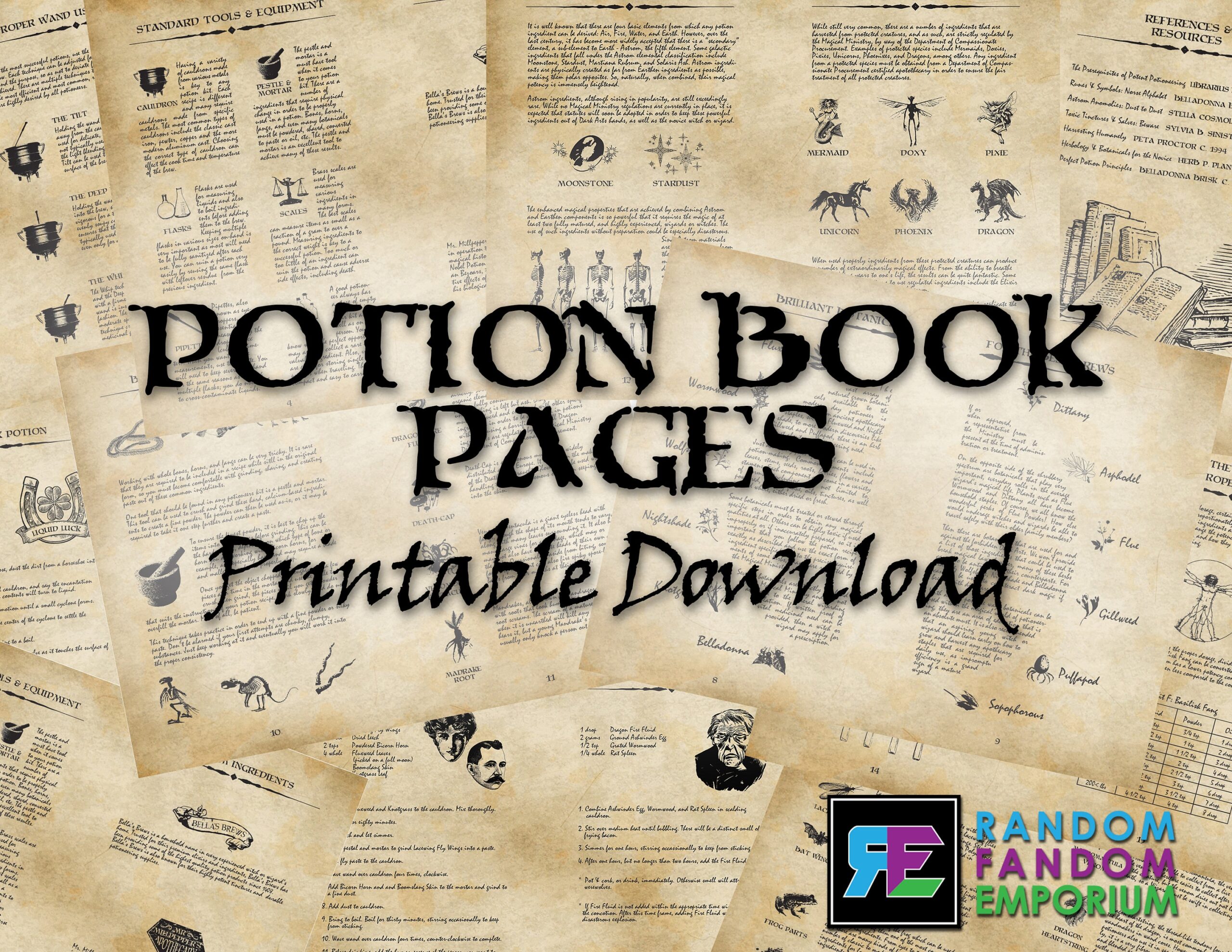 12 24 Pages Printable Magic Potion Book Loose Pages Magical Witch Wizard Collectible Halloween Pages Digital Download 8 5 X 11 Etsy