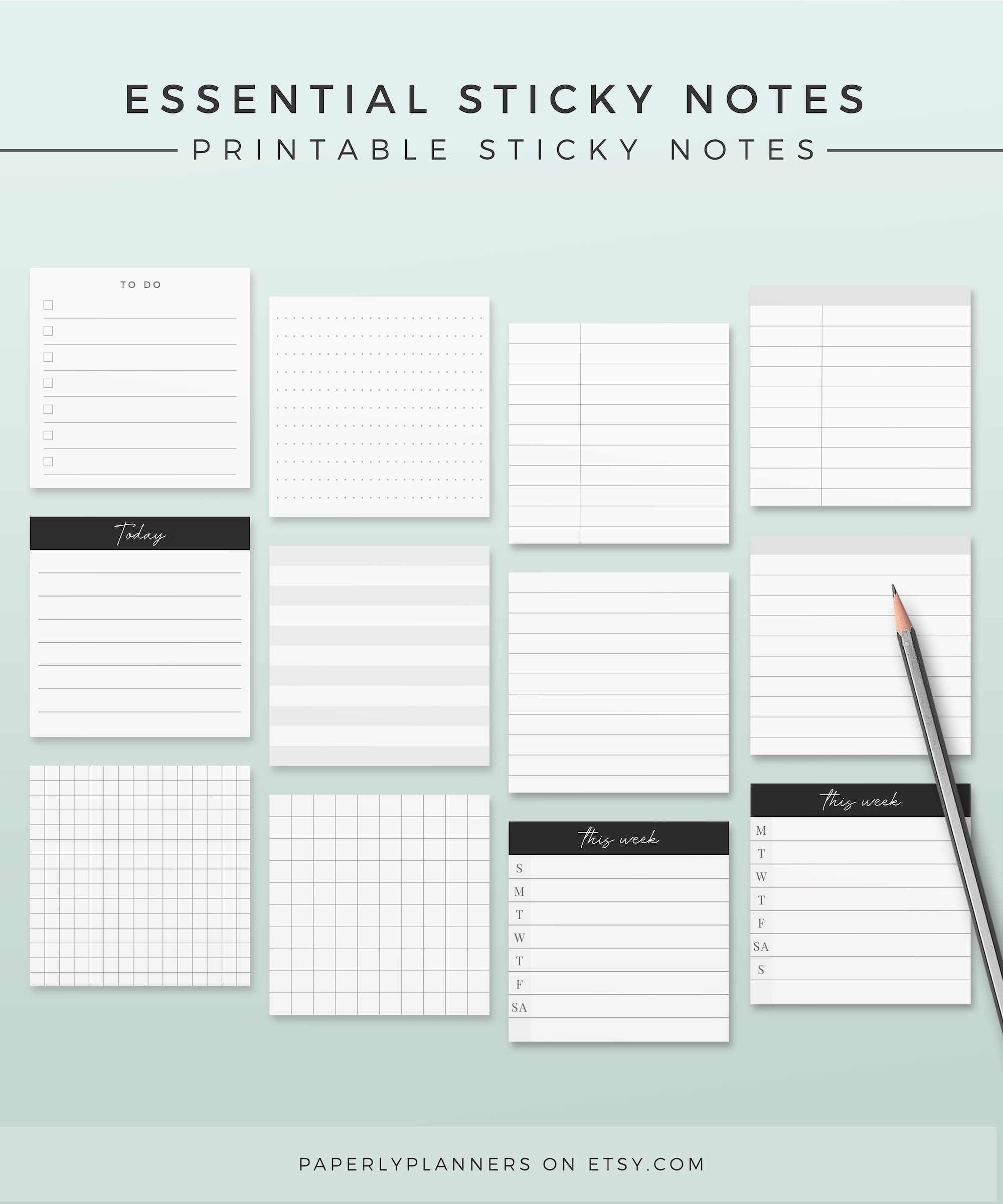 12 Essential Sticky Notes Printable Sticky Notes Template 3X3 Inch Sticky Notes Printable Planner Decor Grid Notes To Do List Etsy