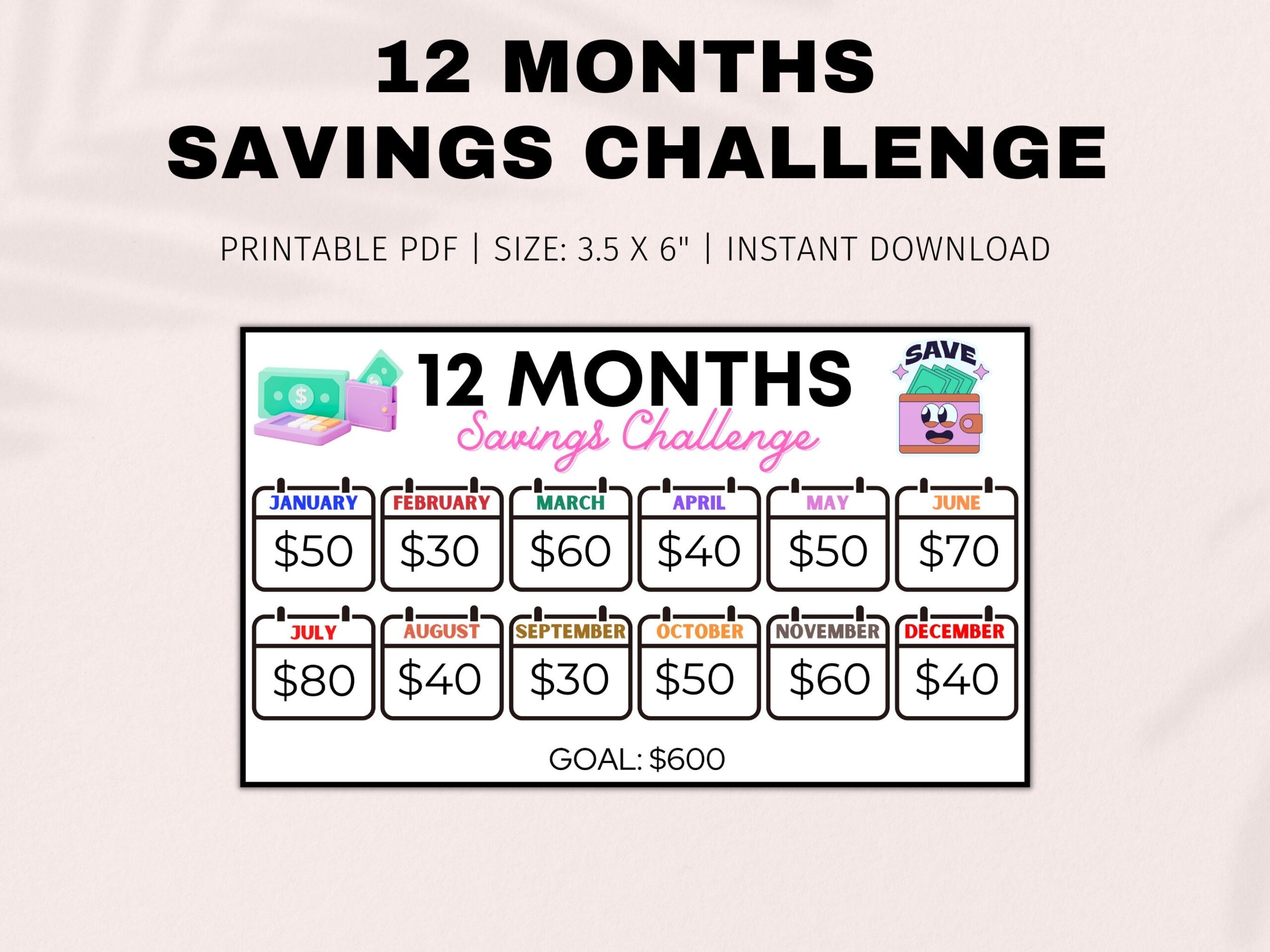 12 Month Savings Challenge Printable Savings Tracker Save 600 Dollars Fits A6 Cash Envelopes A6 Budget Binder Inserts Cash Stuffing Etsy