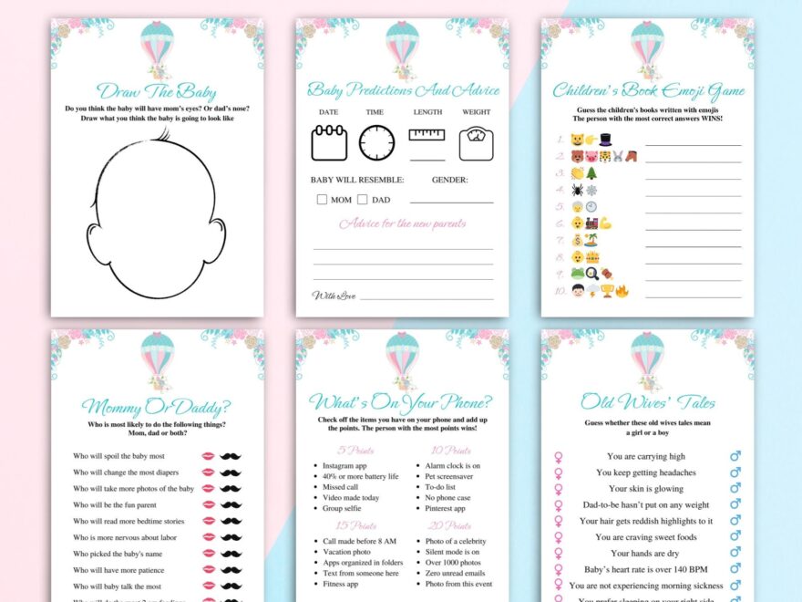 12 Printable Gender Reveal Games Pink And Blue Baby Gender Reveal Party Games Hot Air Balloon Gender Reveal Games For Family DOWNLOAD Etsy