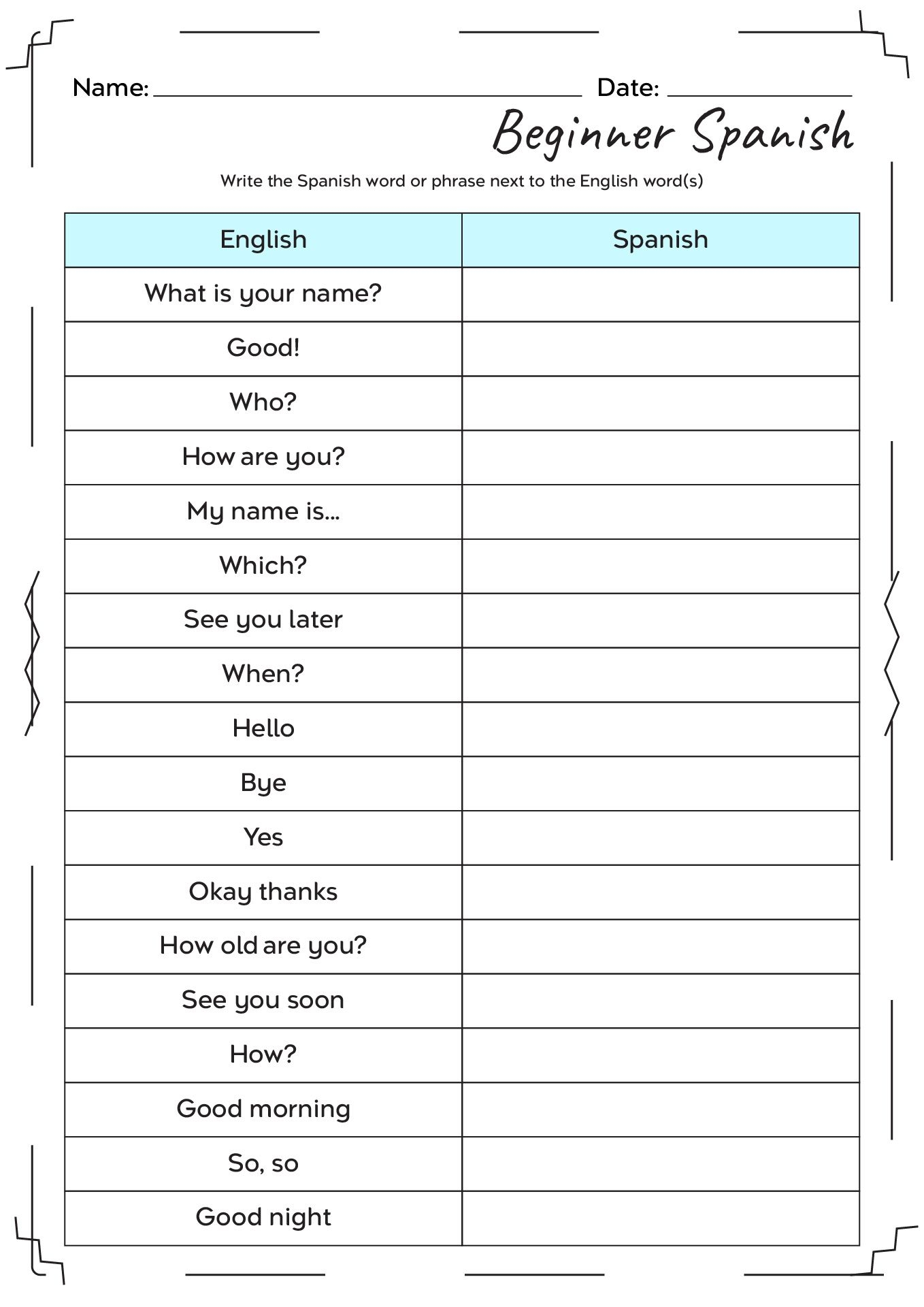 17 English And Spanish Worksheet Family