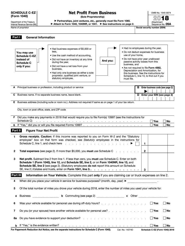 2018 2025 Form IRS 1040 Schedule C EZ Fill Online Printable Fillable Blank PdfFiller
