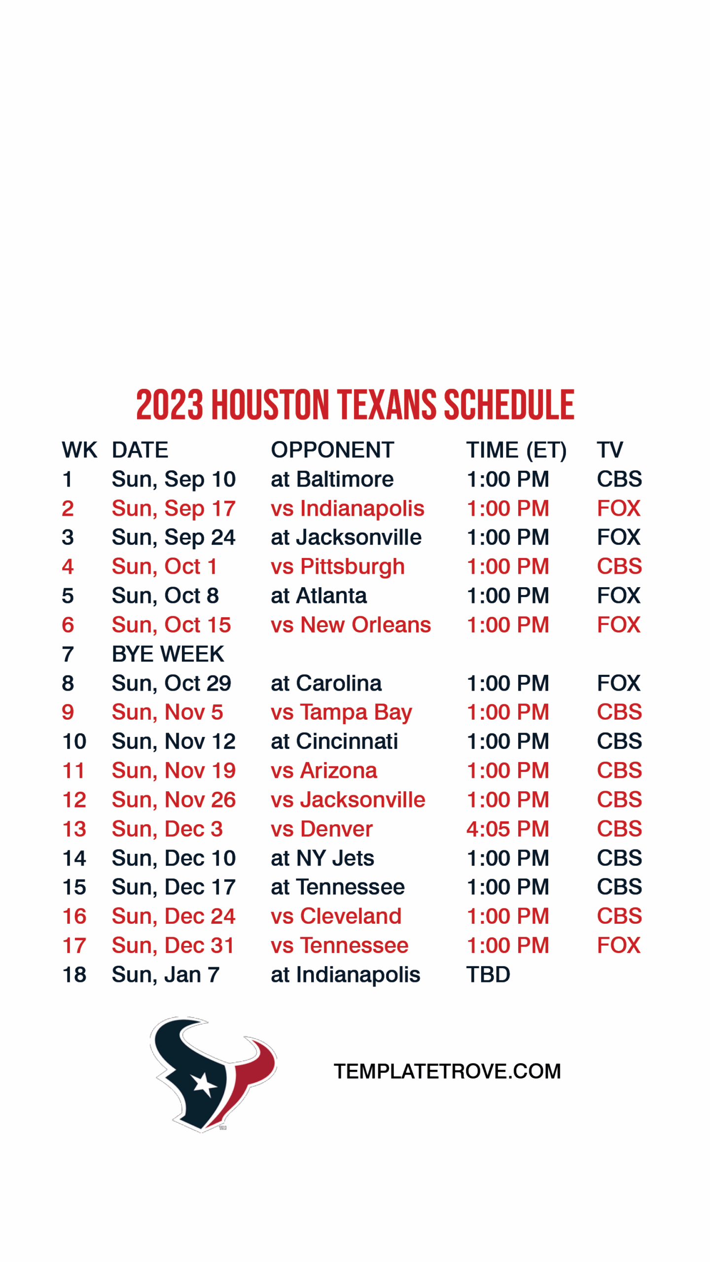 Houston Texans Schedule 2025 Printable