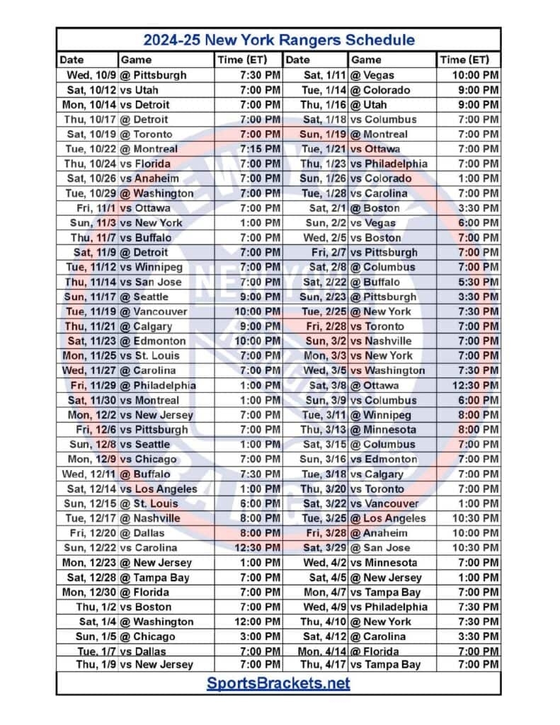 2024 25 NY Rangers Schedule Printable PDF Format Sports Brackets