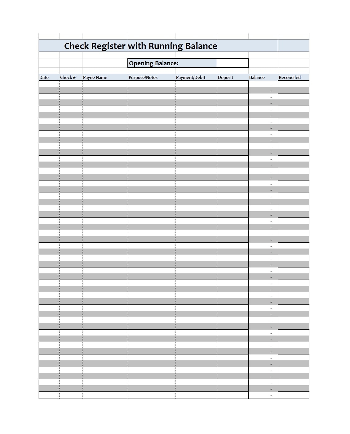 Downloadable Free Printable Check Register