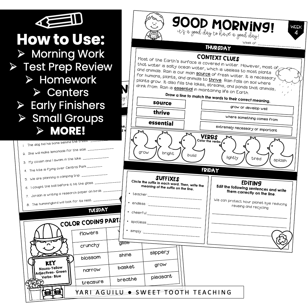 3rd Grade Spring Morning Work ELA Daily Review Activities Printable Bell Ringers Shop Sweet Tooth Teaching