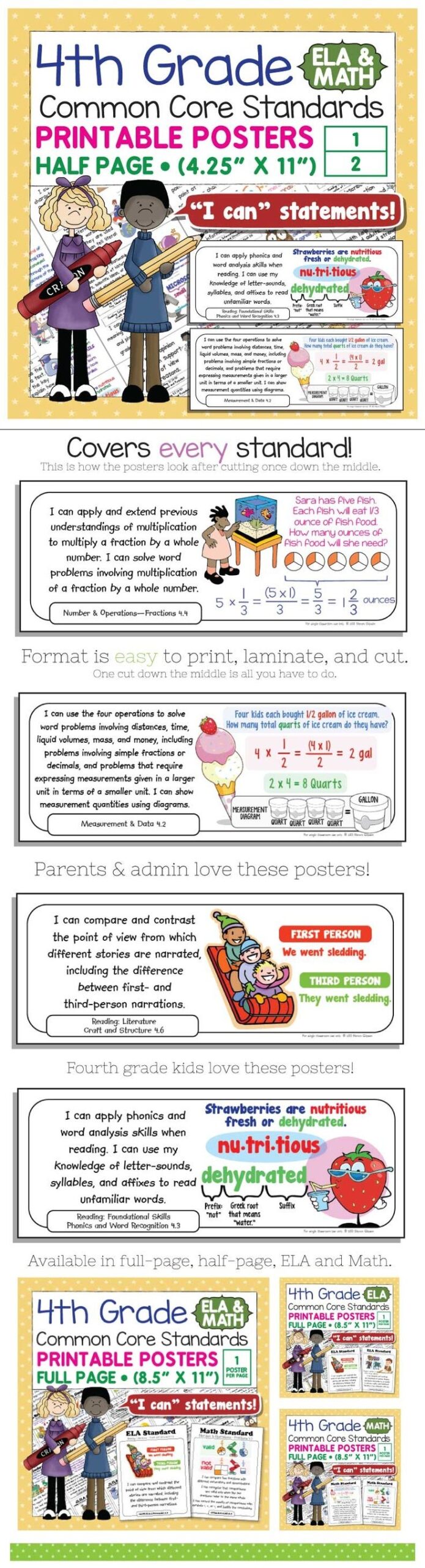 4th Grade Math Common Core Standards CCSS I Can Statements Posters