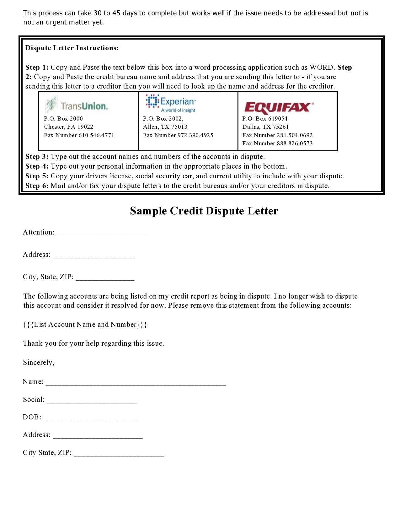 Printable Free 609 Credit Dispute Letter Templates