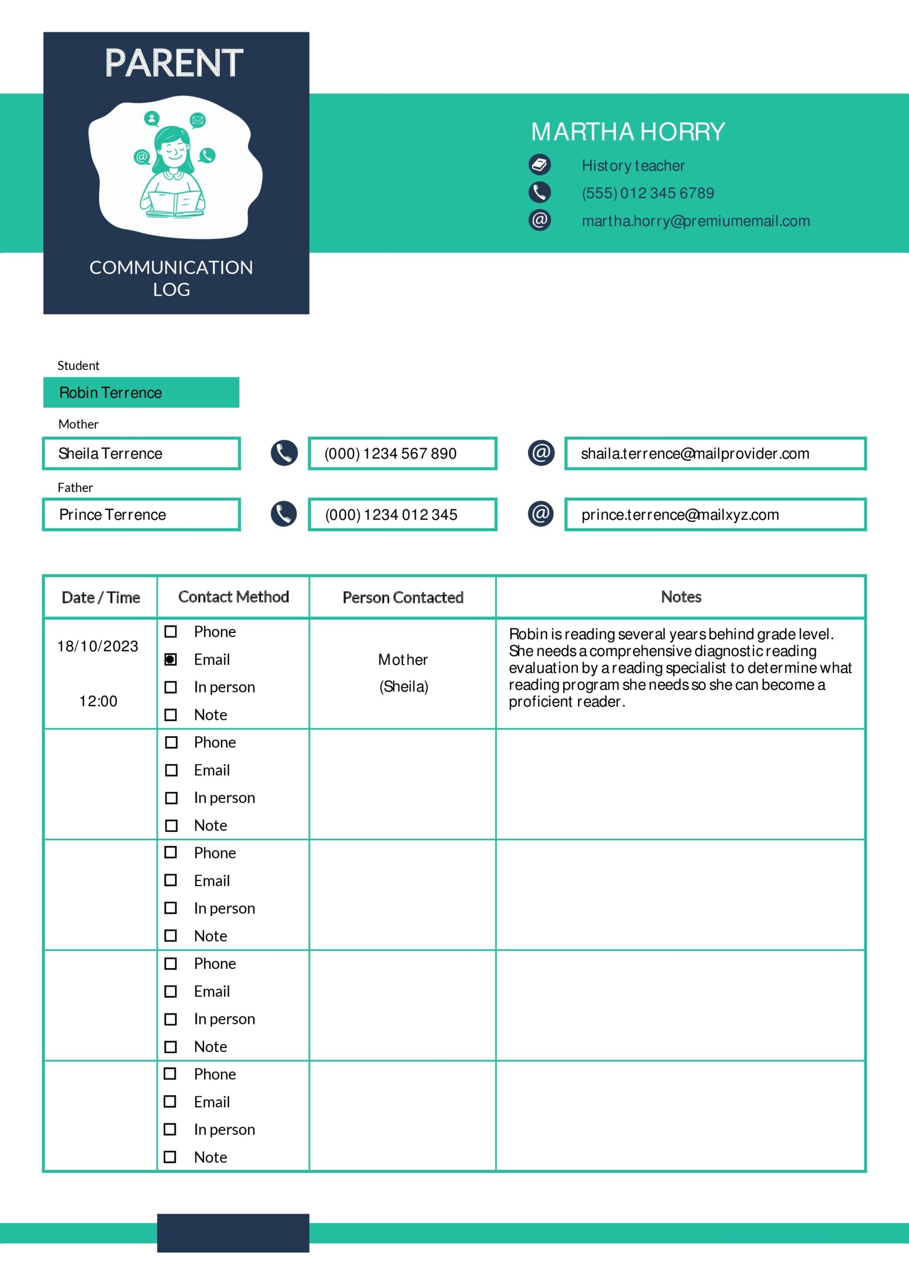 50 Editable Parent Contact Logs Doc Excel PDF 