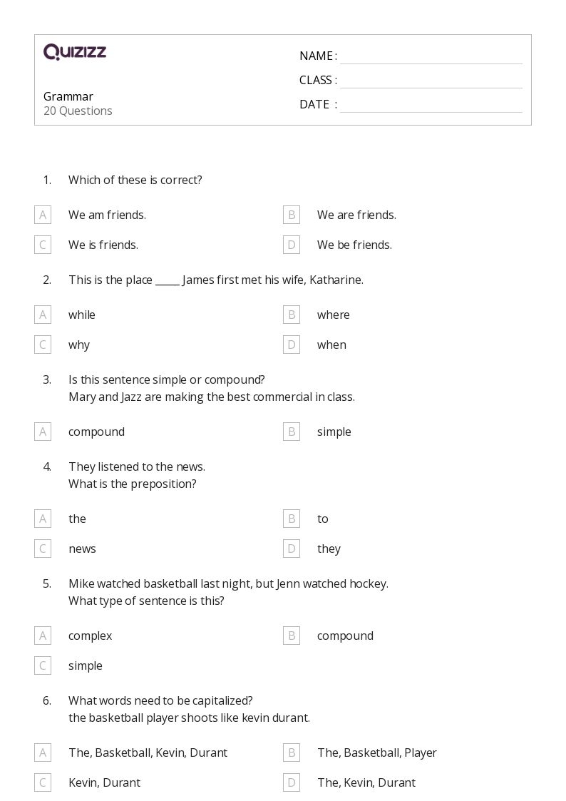 50 Grammar Worksheets For 5th Class On Quizizz Free Printable Worksheets Library