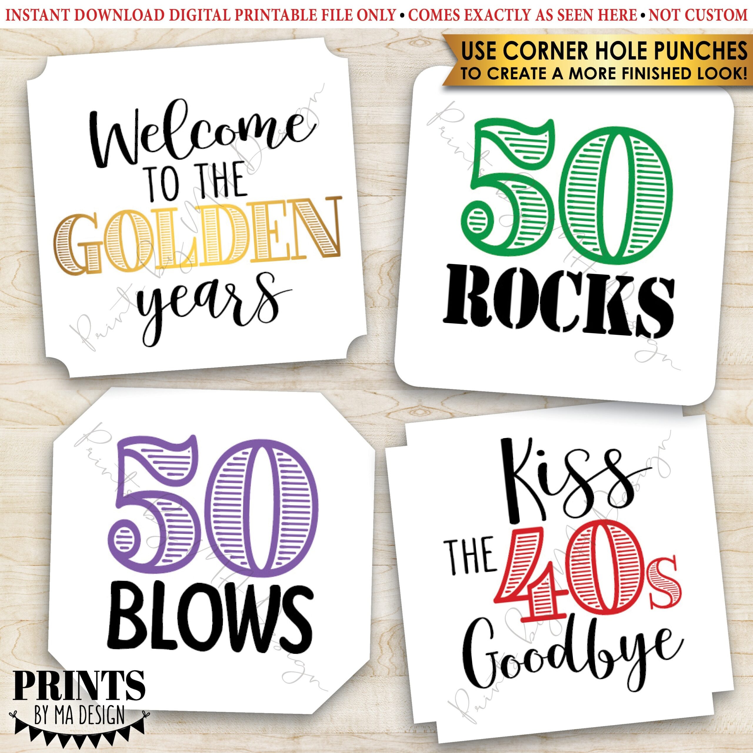 50th Birthday Party Candy Signs Color Candy Bar 50 Sucks Blows Rocks Kiss 40s Goodbye Square 3x3 Tags On PRINTABLE 8 5x11 Sheet