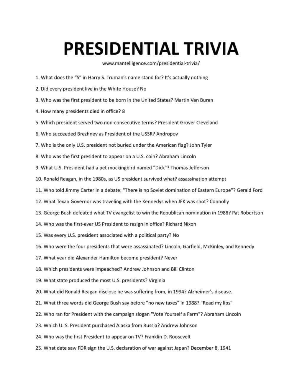 52 Presidential Trivia Questions Answers Easy Hard Funny Worksheets Library