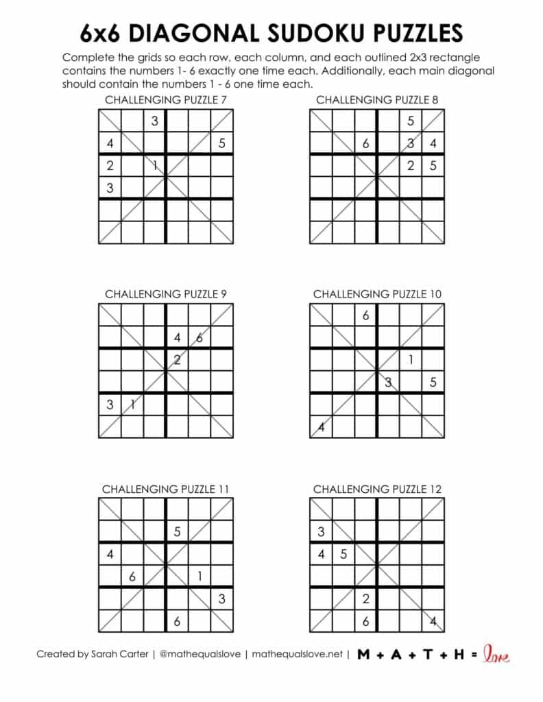 6x6 Diagonal Sudoku Puzzles Math Love