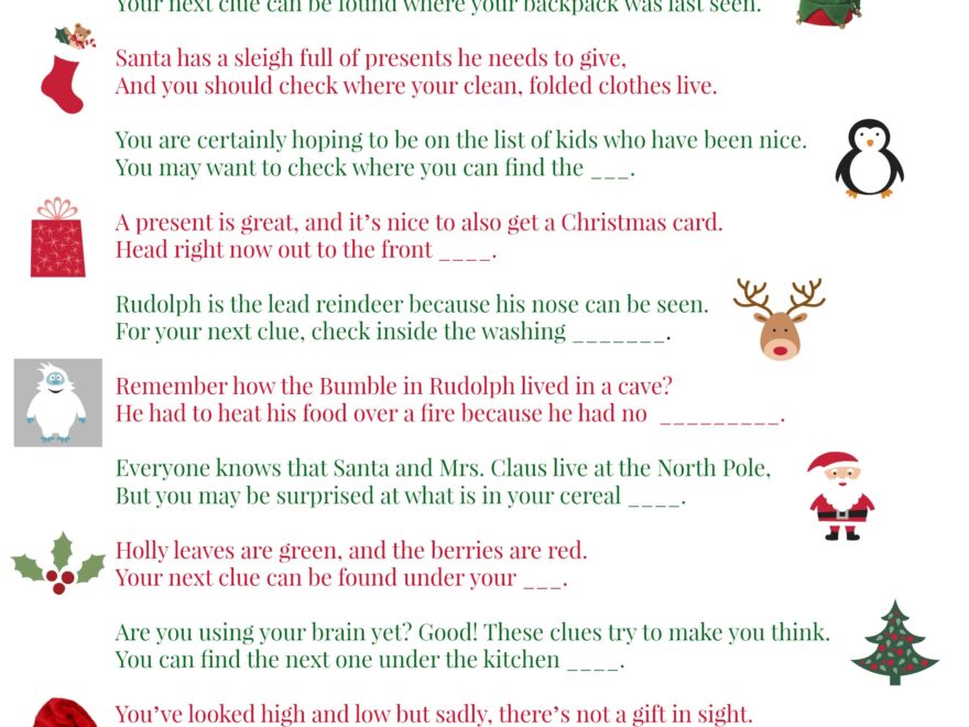 70 Printable Christmas Scavenger Hunt Clues