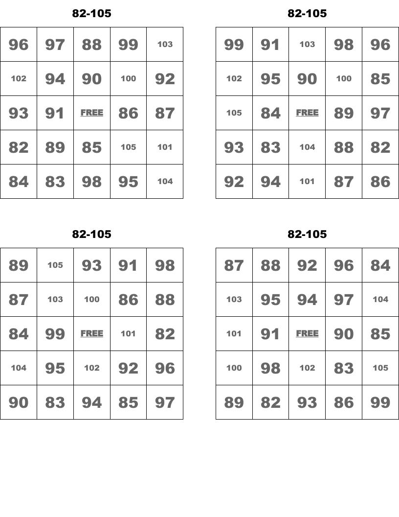82 105 Bingo Cards WordMint