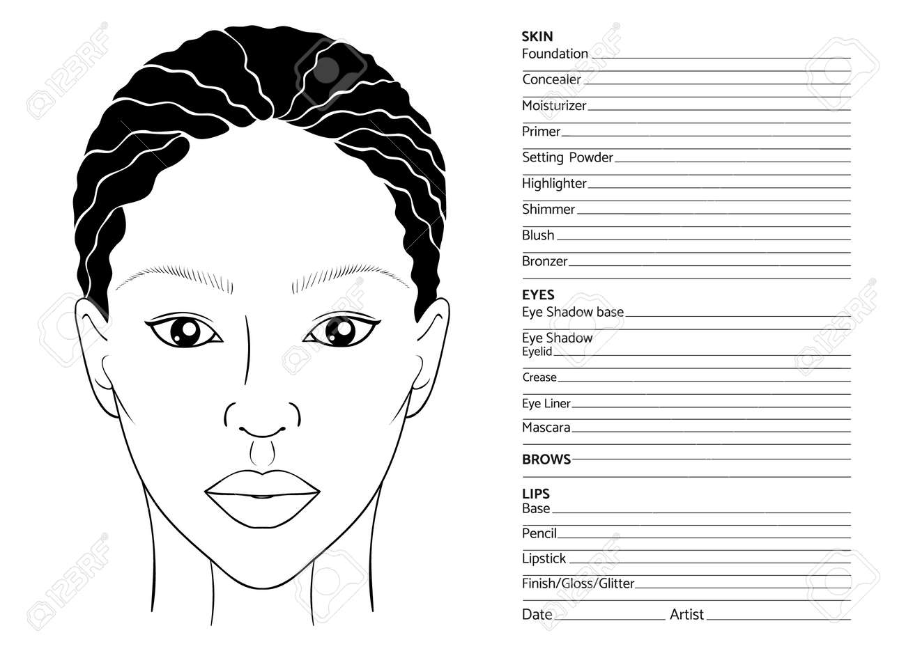 African Female Face Chart Blank For Professional Make up Artists Beautiful Exotic Afro american Or Caribbean Woman EPS 10 Vector Illustration Isolated On White Royalty Free SVG Cliparts Vectors And Stock Illustration Image 80907139 
