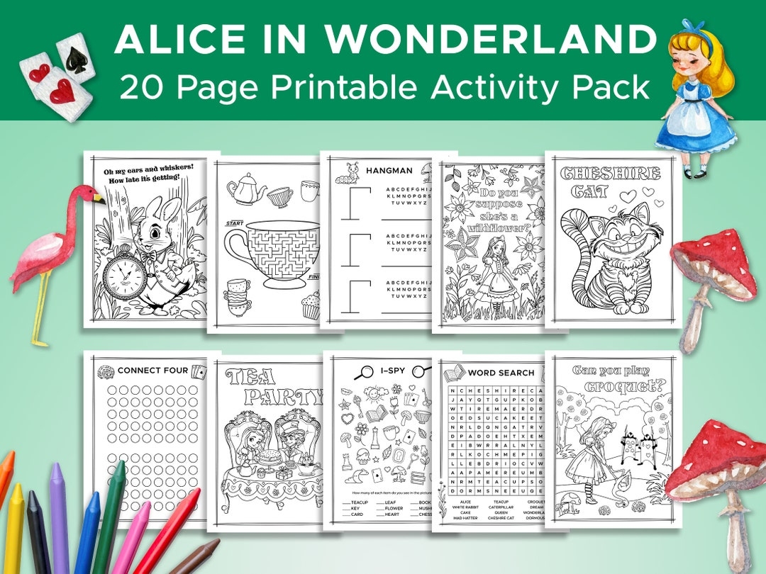 Alice In Wonderland Activity Sheets 20 Pages Printable Kids Activities Coloring Pages And Games Etsy
