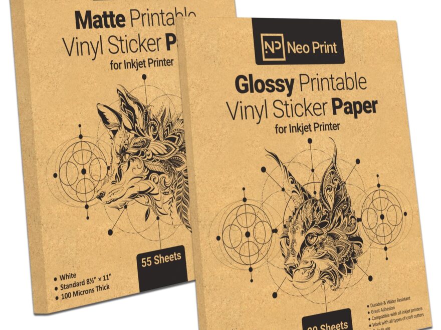Amazon Printable Vinyl Sticker Paper For Inkjet Printer 20 Glossy And 55 Matte Self Adhesive Sheets Waterproof Decal Paper Standard Letter Size 8 5 x11 White Office Products