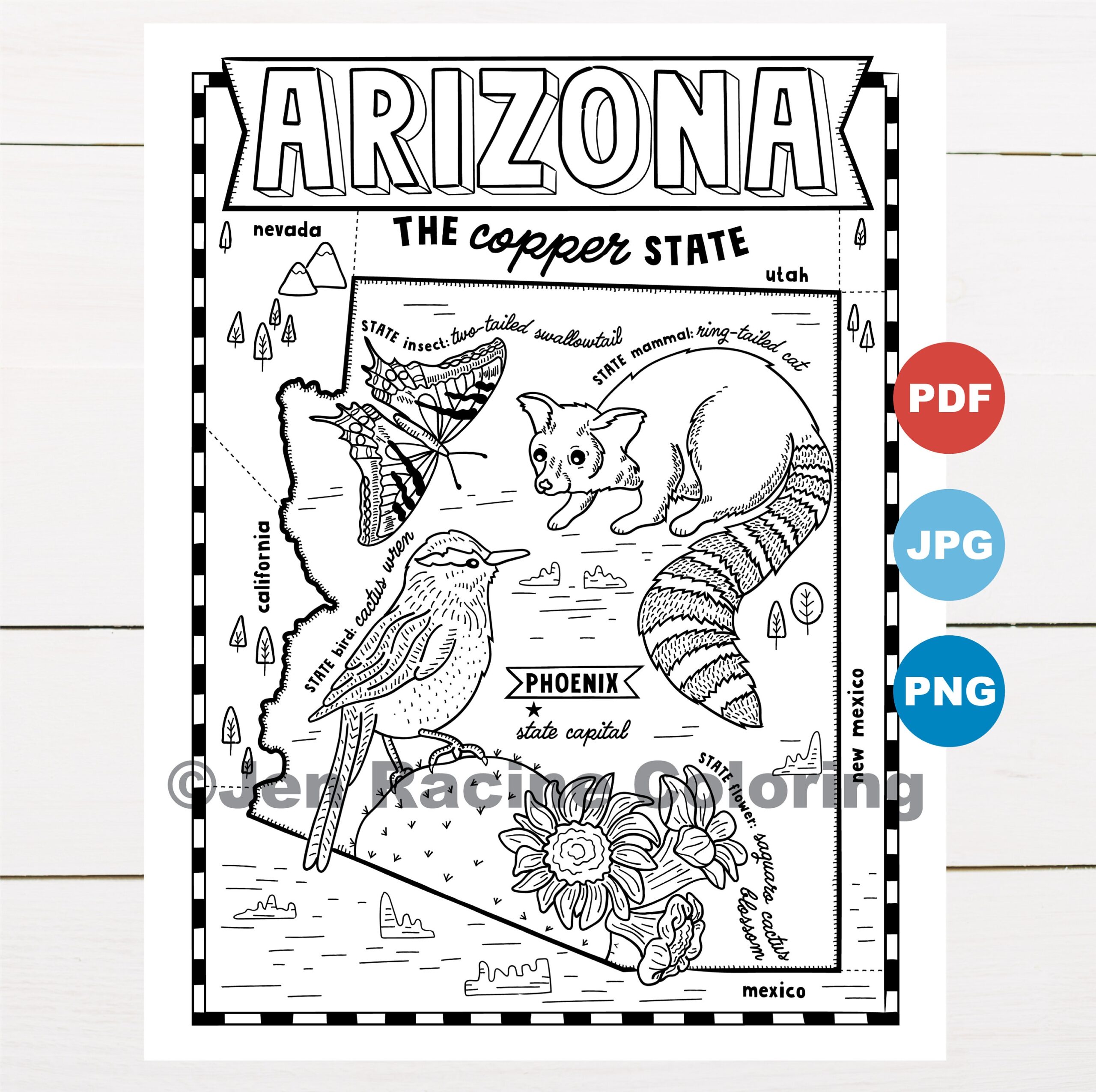 Arizona Coloring Page United States State Map Wildlife State Symbols Flowers Coloring Pages Etsy