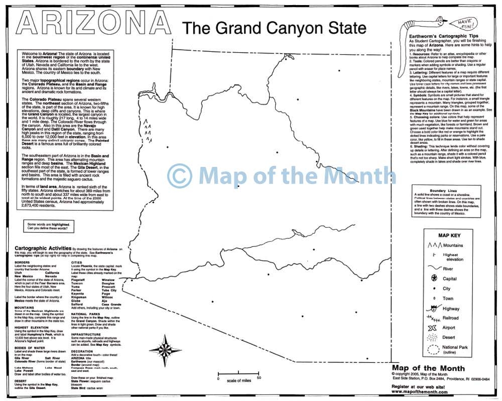 Arizona Map Blank Outline Map 16 By 20 Inches Activities Included