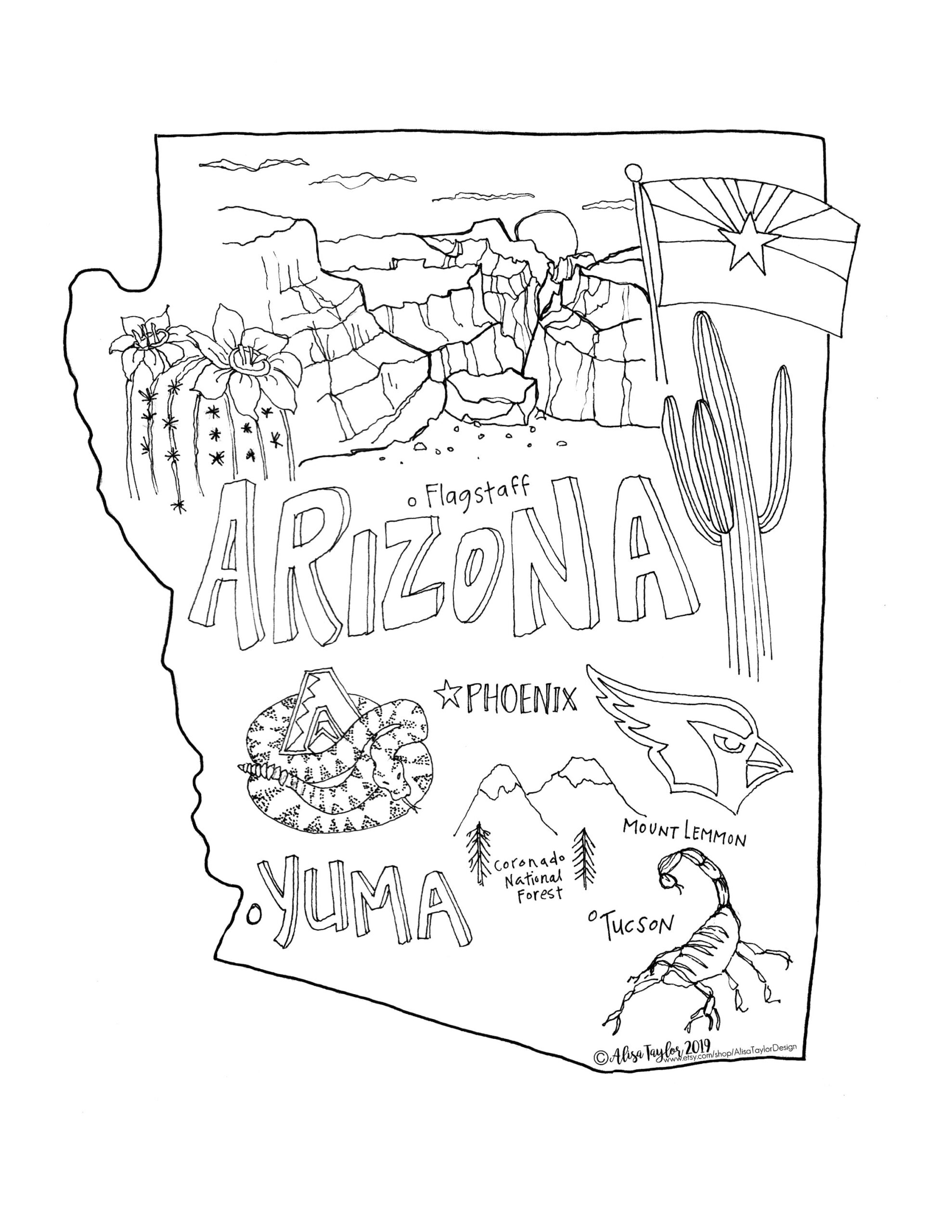 Arizona State Coloring Page Instant Download 8 5 X 11 Blank Coloring Page Bullet Journal Color Page Etsy