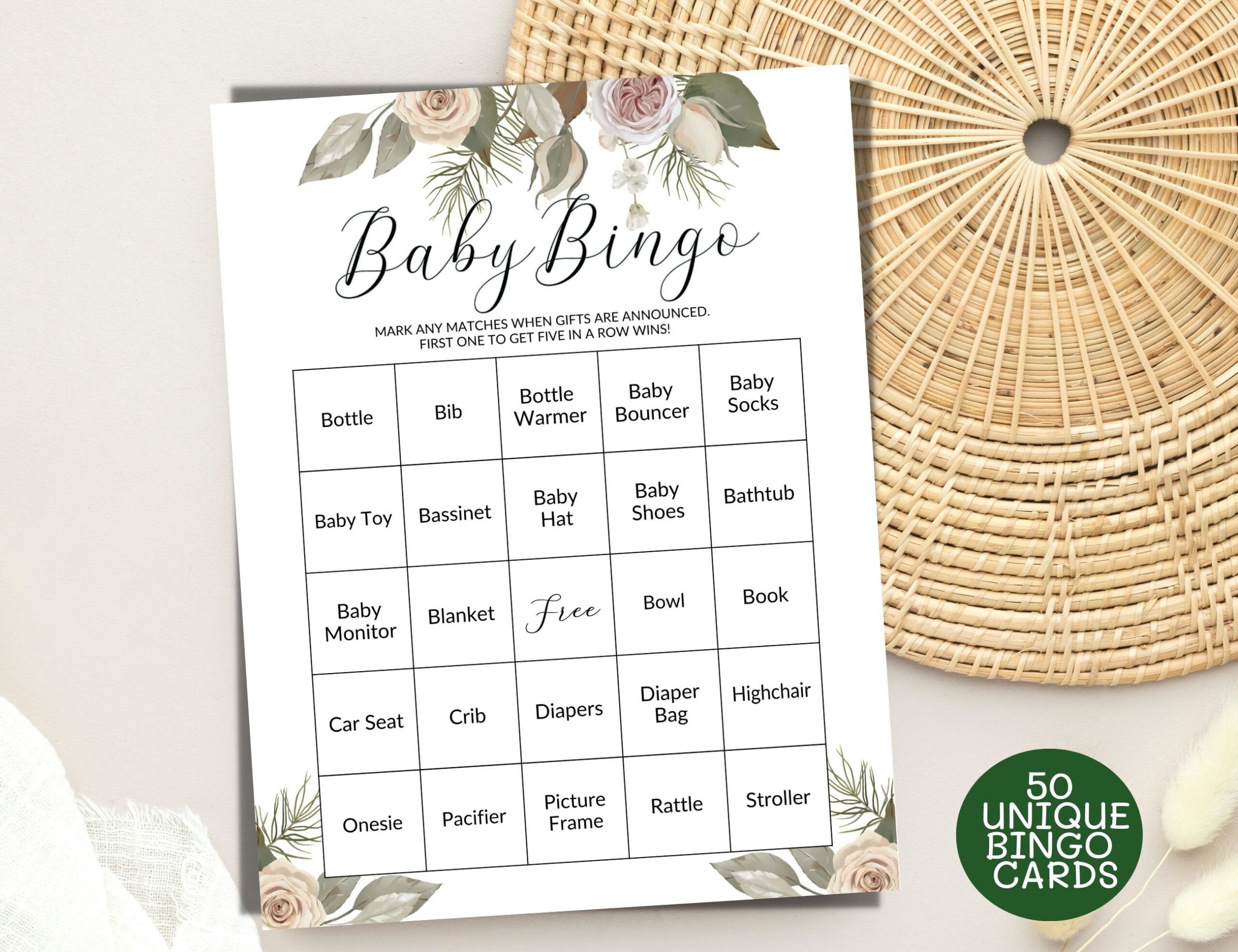 Baby Bingo Game 50 Prefilled Baby Shower Bingo Cards Boho Greenery Baby Shower Games Gender Neutral Baby Bingo Printable Etsy