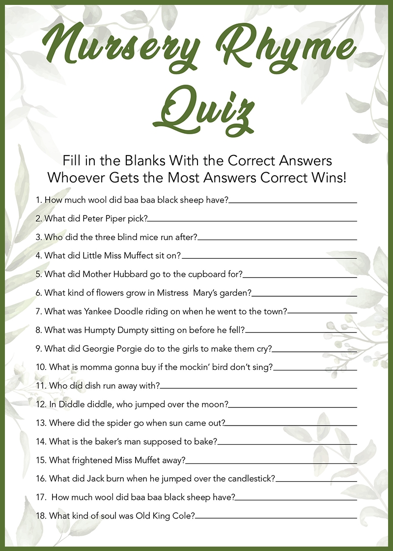 Baby Shower Games Free Printables Nursery Rhymes 