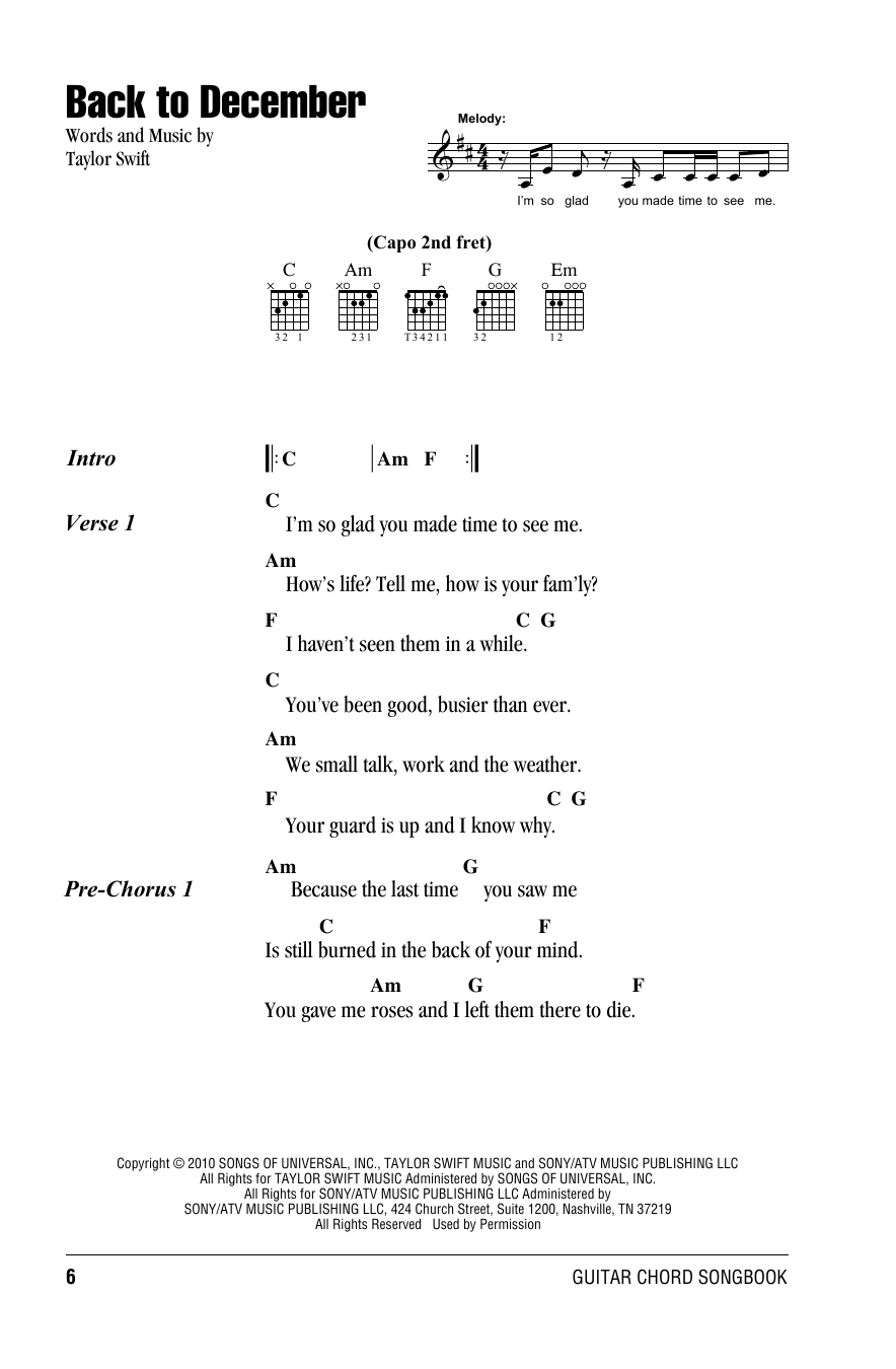 Back To December By Taylor Swift Sheet Music For Guitar Chords Lyrics At Sheet Music Direct