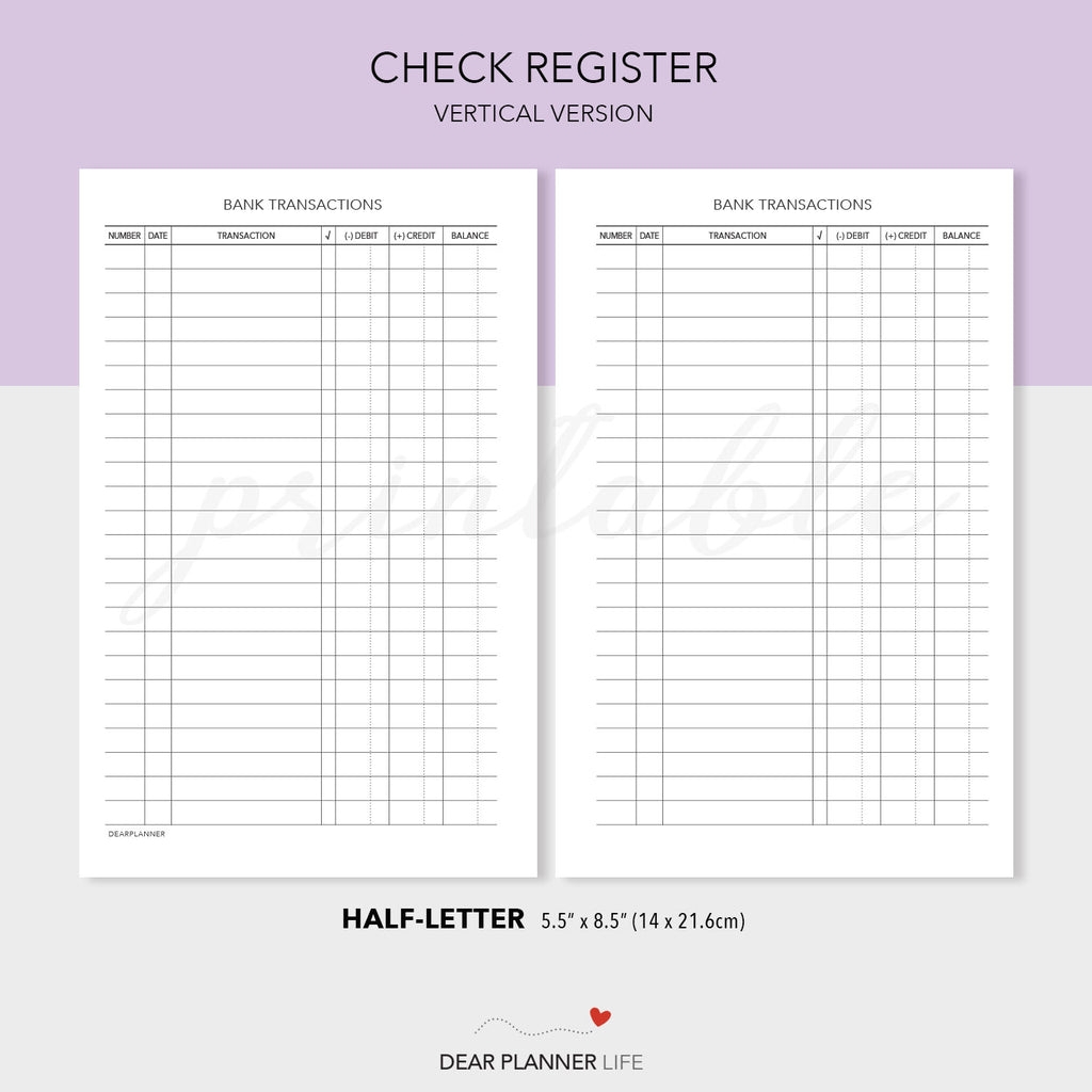 Bank Check Register Template Half Letter Printable PDF H 35 Worksheets Library
