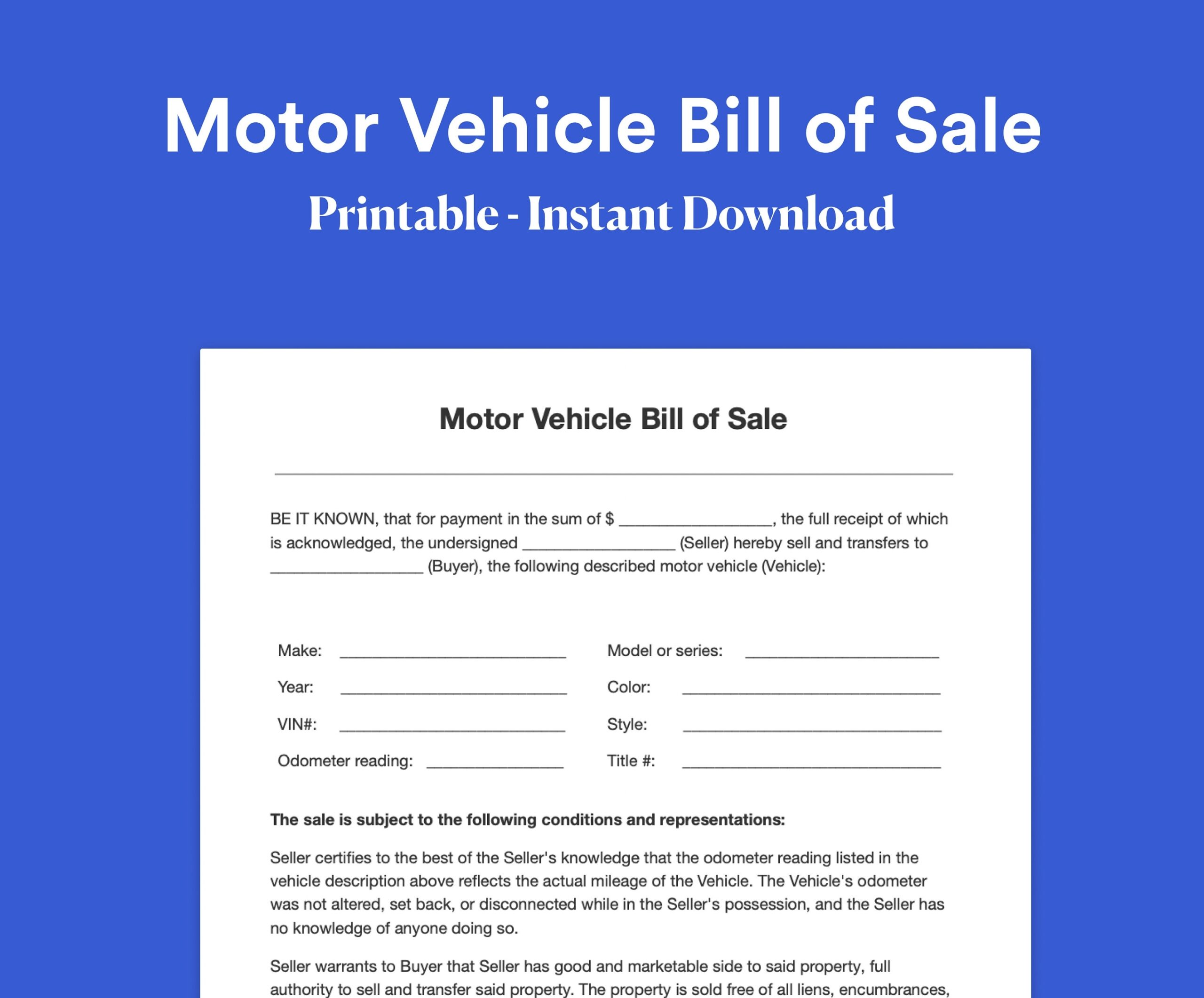 Motor Vehicle Bill Of Sale Printable