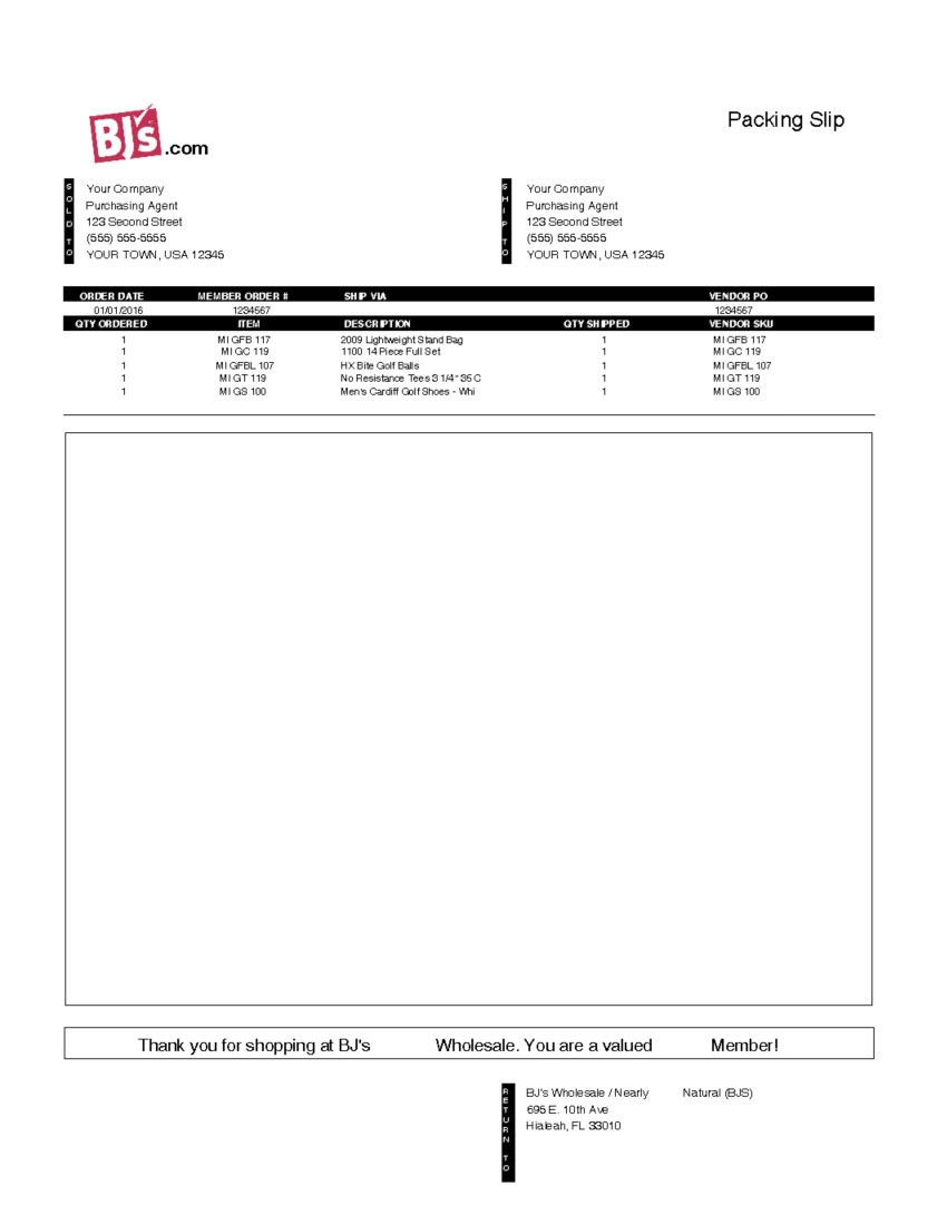BJ s Wholesale Club Packing Slip Template CYBRA