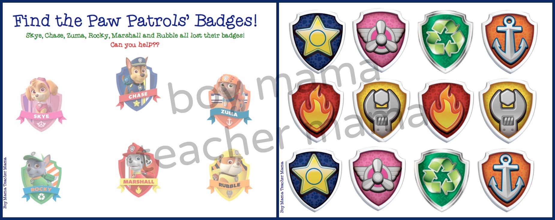 Boy Mama FREE Paw Patrol Find The Badge Printable Game Boy Mama Teacher Mama