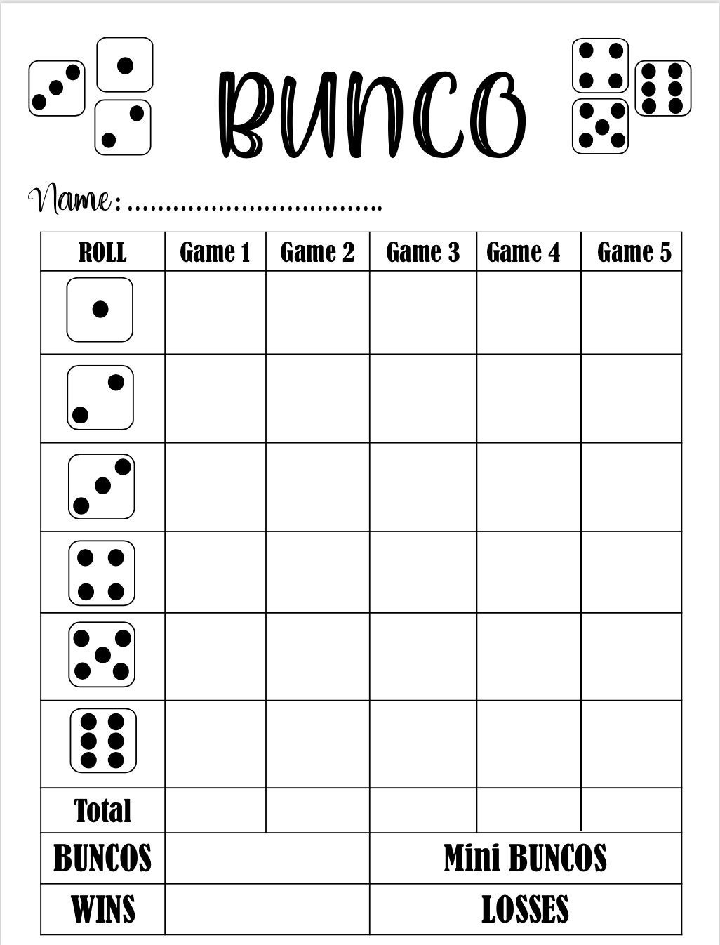 Bunco Score Card Bunco Scoresheet Bunco Score Pads Printable File PDF Download 8 5x11 Etsy