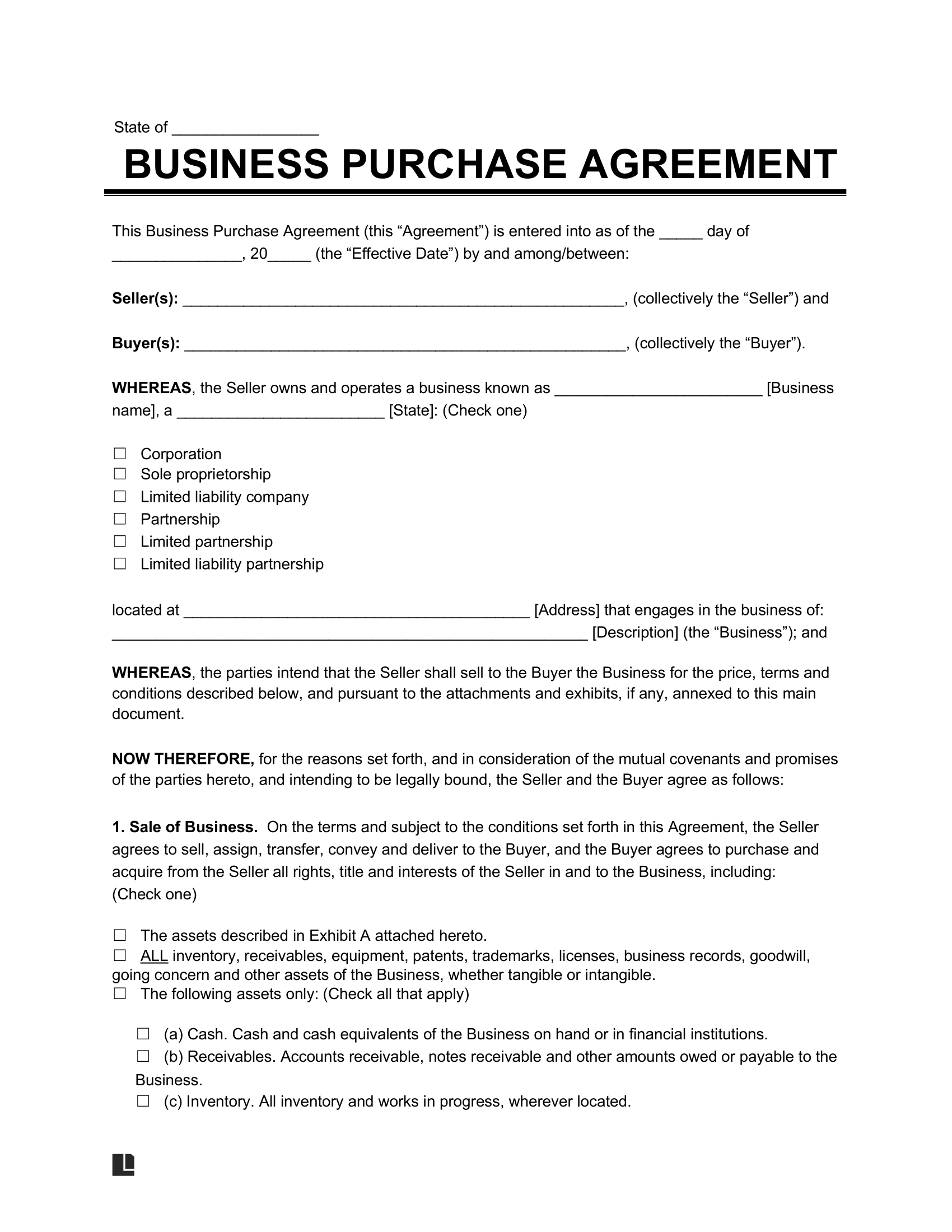 Sale Of Business Contract Printable