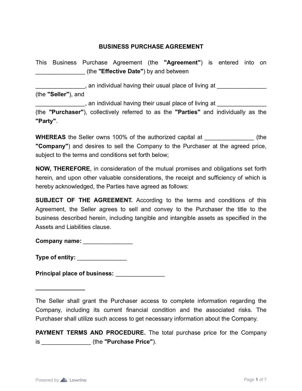 Business Purchase Agreement Template PDF Lawrina