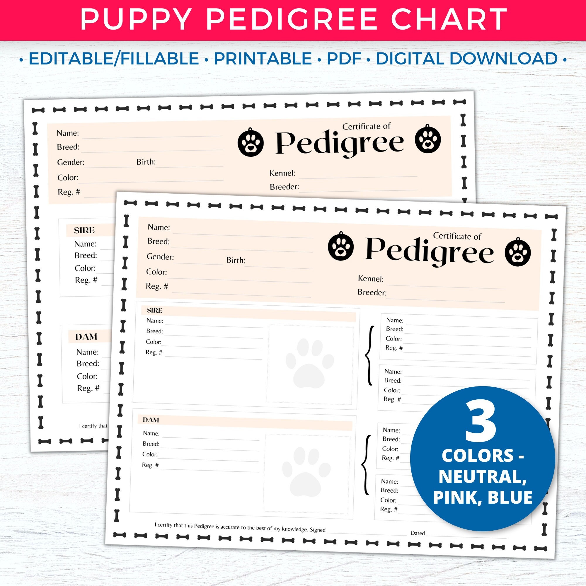Buy Puppy Pedigree Chart Dog Pedigree Template Certificate Dog Breeder Records Printable Dog Record New Puppy Records Editable Family Tree Online In India Etsy