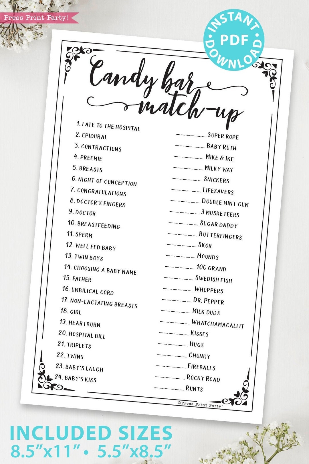Candy Bar Match up Baby Shower Game Printable Unique Baby Shower Game Template Funny Baby Shower Activities Rustic INSTANT DOWNLOAD Etsy