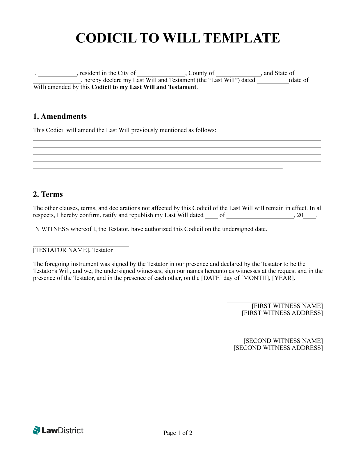 Codicil To Will Form Free Printble PDF Word LawDistrict