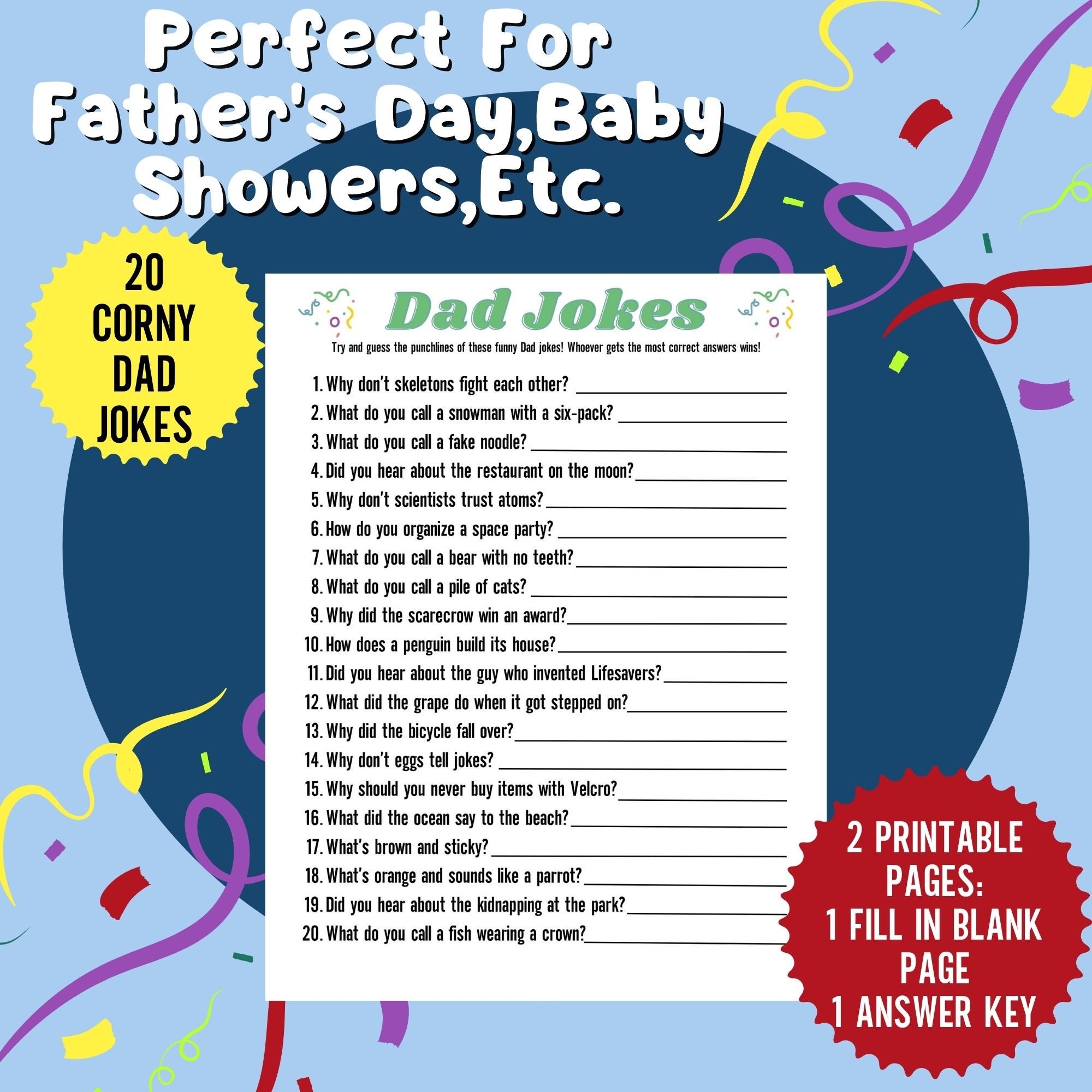 Corny Jokes Fill In The Blank Game Dad Jokes Game Funny Baby Shower Games Game Days Trivia Game Printable Fathers Day Joke Of The Day Etsy