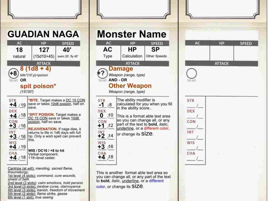 D D 5E Fillable Monster Cards Dungeon Master Assistance