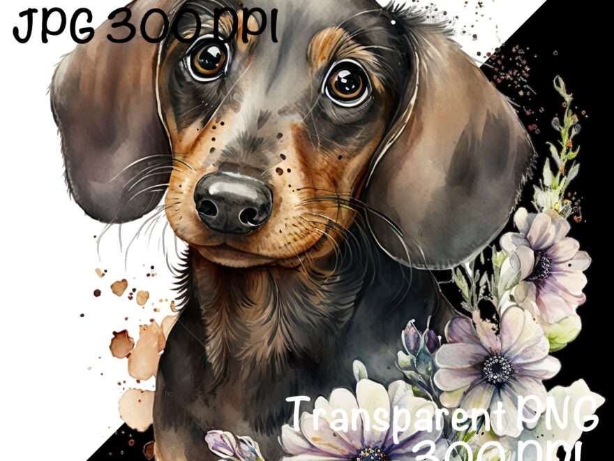 Dachshund Dog Watercolor Clipart Dachshund Dog Spring Daisy Flowers PNG Commercial Use Cute Dachshund Dog Graphic Design Illustration Print Etsy