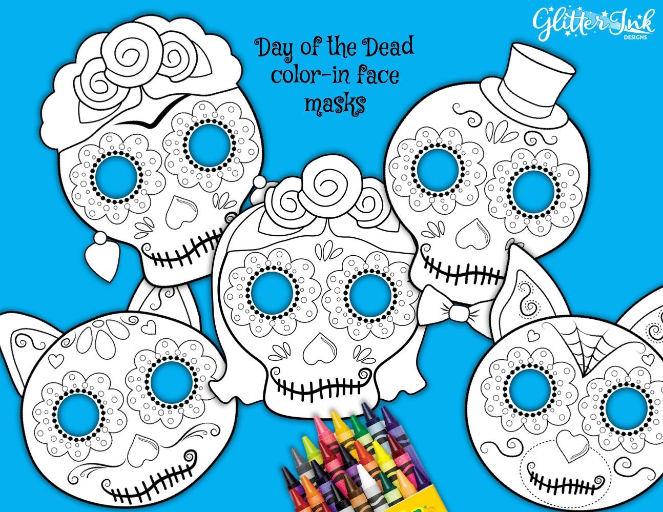 Day Of The Dead Sugar Skull Mask Coloring Pages Printable D a De Los Muertos Photo Booth Props Template With Cat Dog Frida Novios Masks Etsy Israel