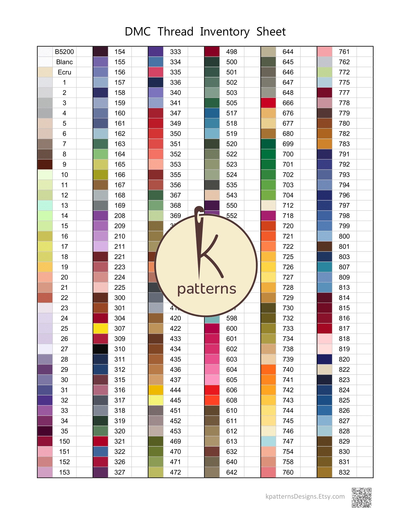 DMC Thread Inventory Sheet PDF Printable Cross stitch Floss Tracker DMC Color Chart Letter A4 Embroidery Floss List Etsy