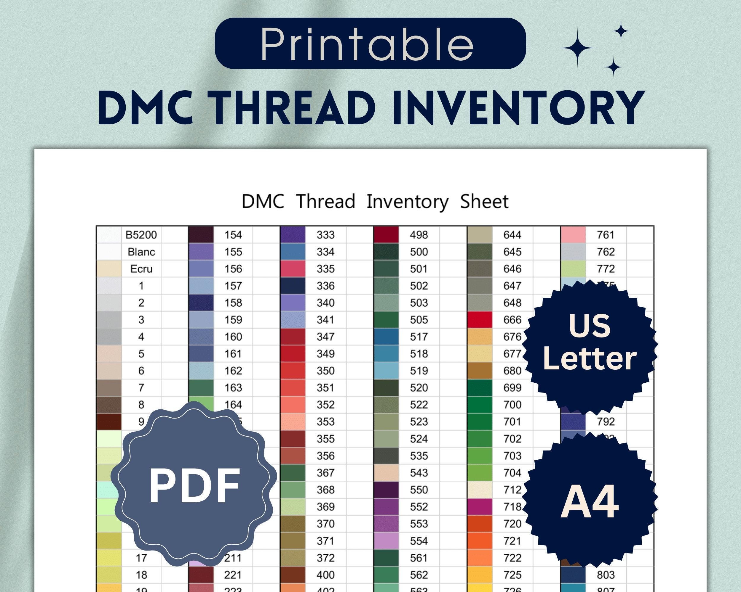 DMC Thread Inventory Sheet PDF Printable Cross stitch Floss Tracker DMC Color Chart Letter A4 Embroidery Floss List Etsy