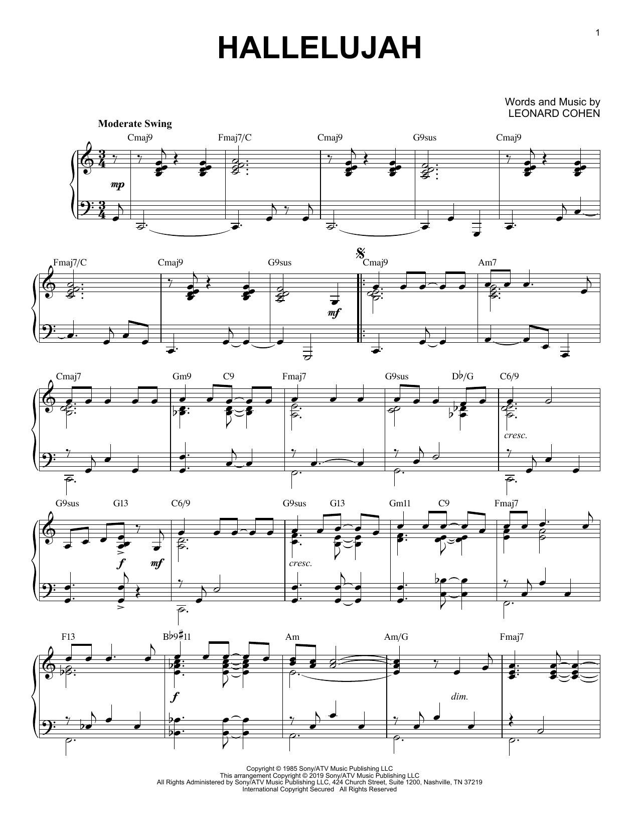 Download Leonard Cohen Hallelujah Jazz Version Sheet Music For Piano Solo Chords Lyrics PDF 431804