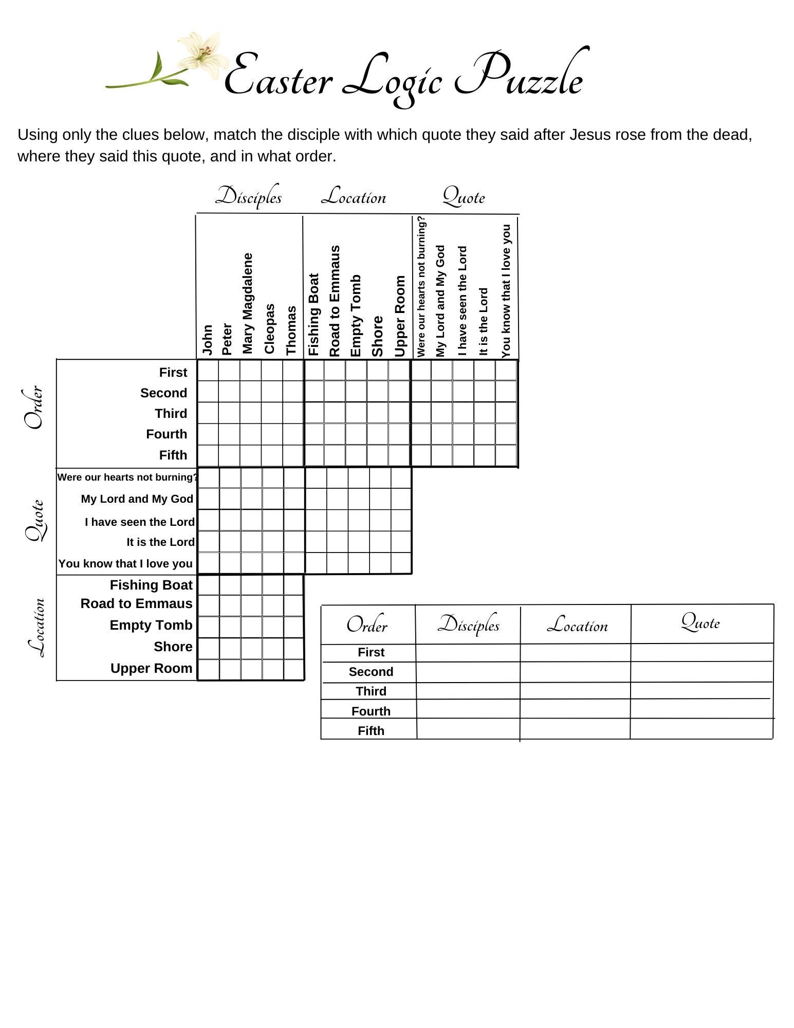 Easter Logic Puzzle Printable Logic Puzzle Games Christian Disciples Bible Instant Download Etsy