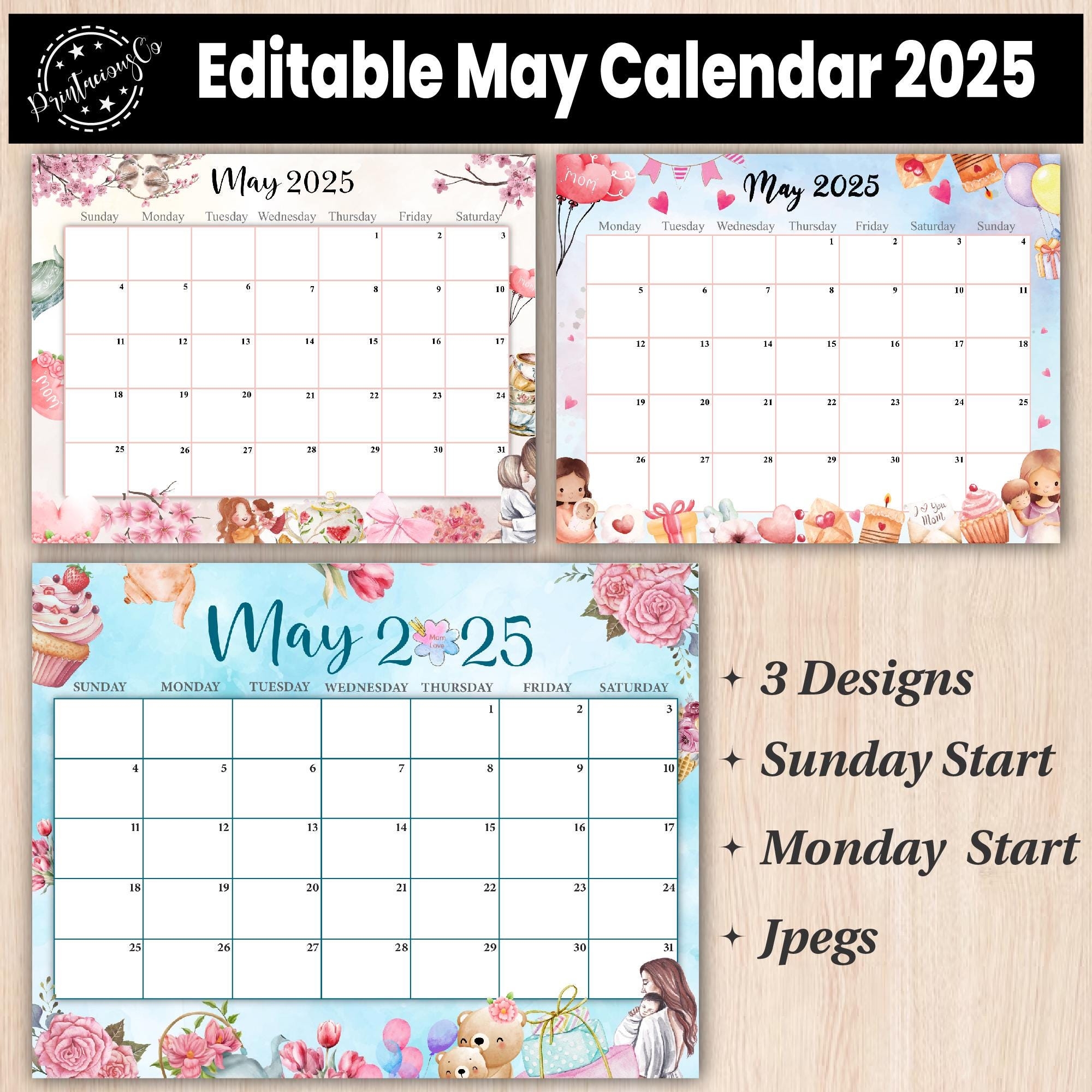 Editable May 2025 Calendar Printable Wall Calendar 2025 Fillable Monthly Planner Sunday Monday Start Kids Calendar 2025 Etsy