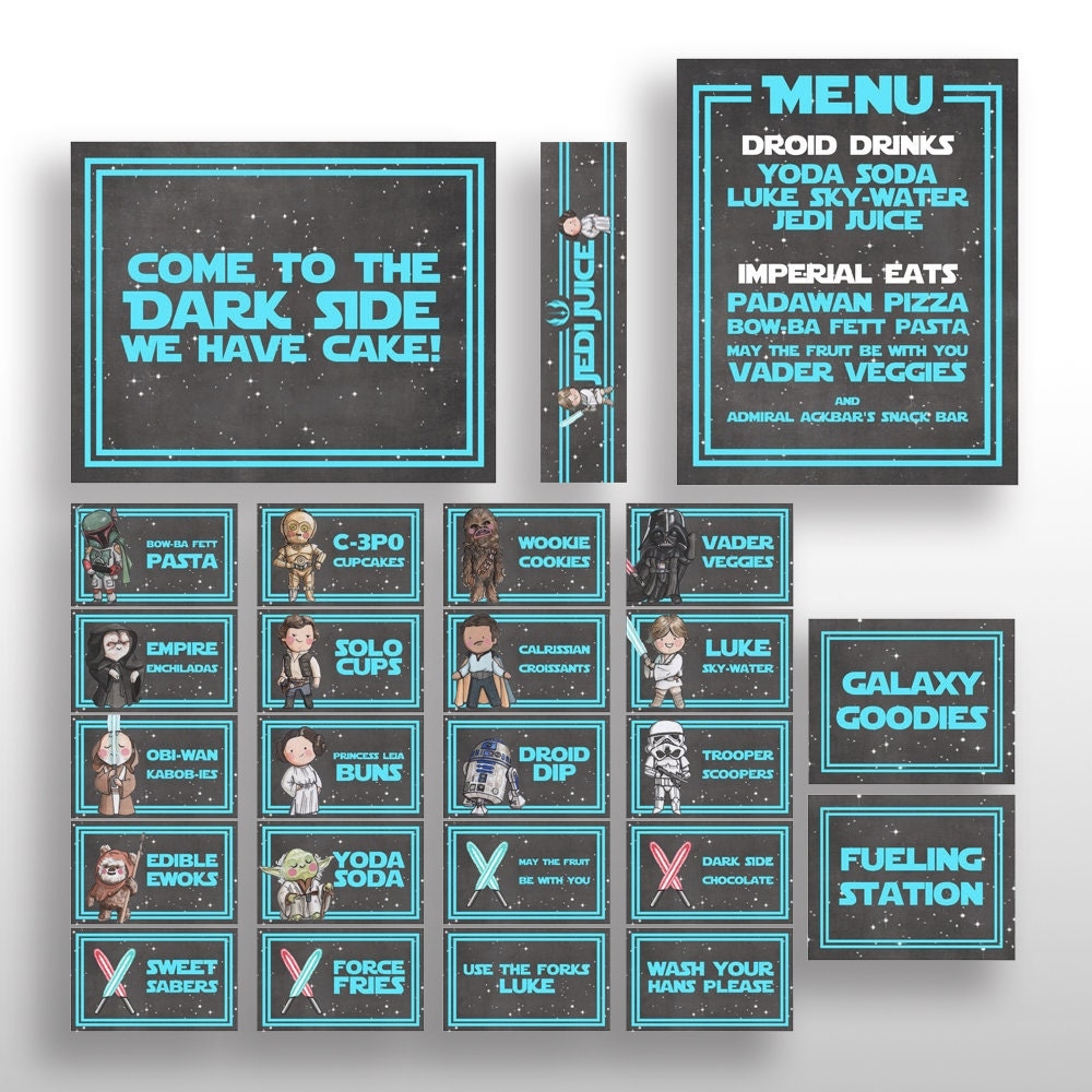 EDITABLE PRINTABLE Star Wars Blue Birthday Party Food Card Tents Menu Sign Water Bottle Labels Original Characters Name Place Labels Etsy