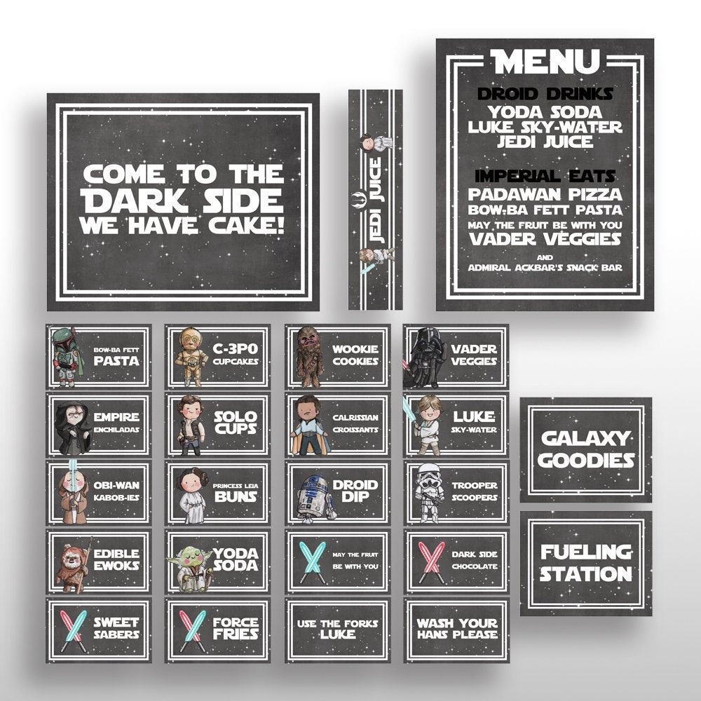 EDITABLE PRINTABLE Star Wars White Birthday Party Food Card Tents Menu Sign Water Bottle Labels Original Characters Name Place Labels Etsy